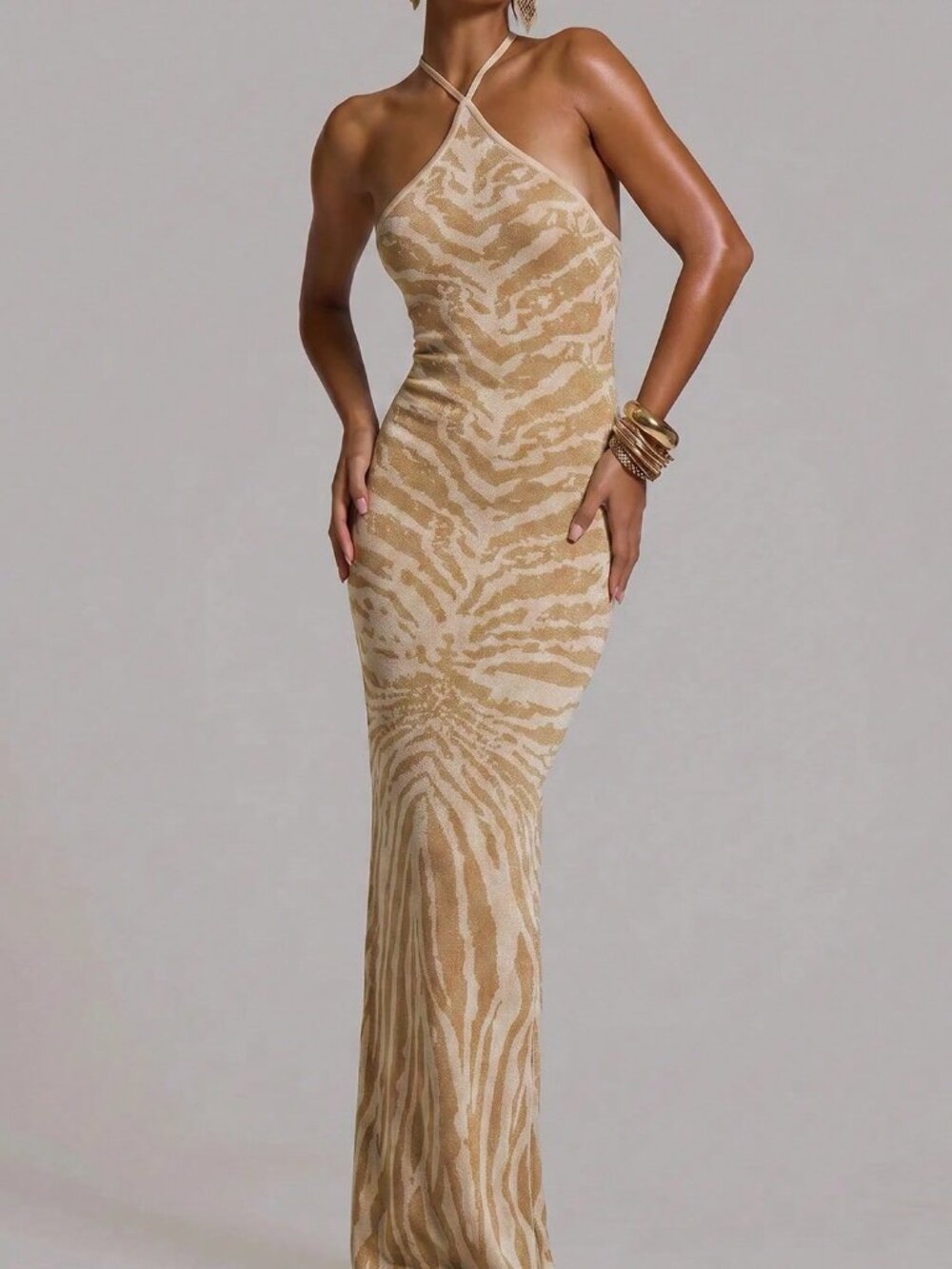 Brown Fitted Knit Halterneck Maxi Women's Dress - Picture 3 of 6